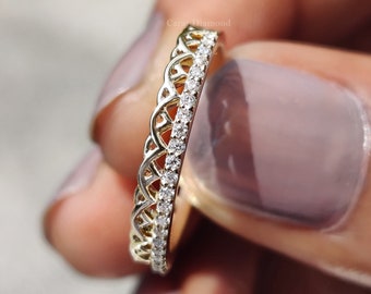 Celtic Knot Moissanite Wedding Band: Colorless Half Eternity Stackable Ring