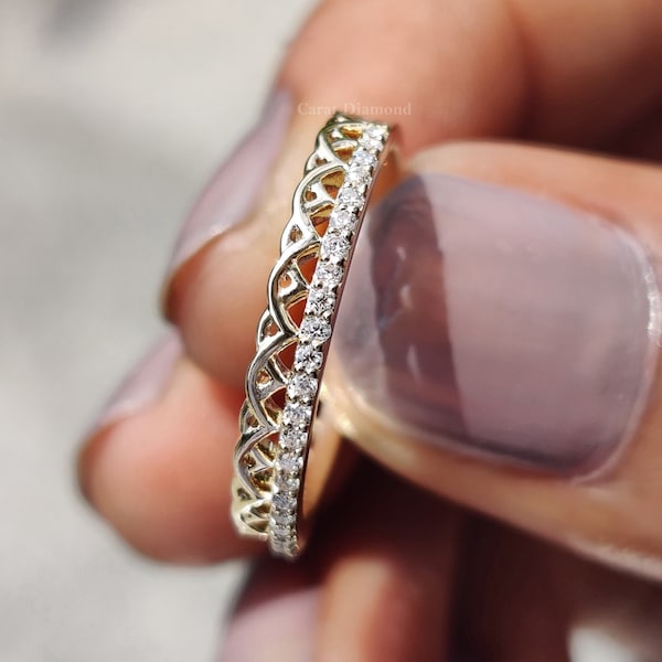 Unique Celtic knot Band, Half Eternity Wedding Band, 1.00MM Round Cut Colorless Moissanite Half Eternity Band, Stackable Band, Bridal Set