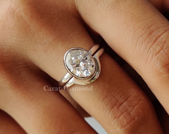 Oval Moissanite Bezel Set Ring With Comfort-Fit Curvey Band | 1.77 CT Oval Colorless Moissanite Engagement Ring | Bridal Set | Wedding Ring