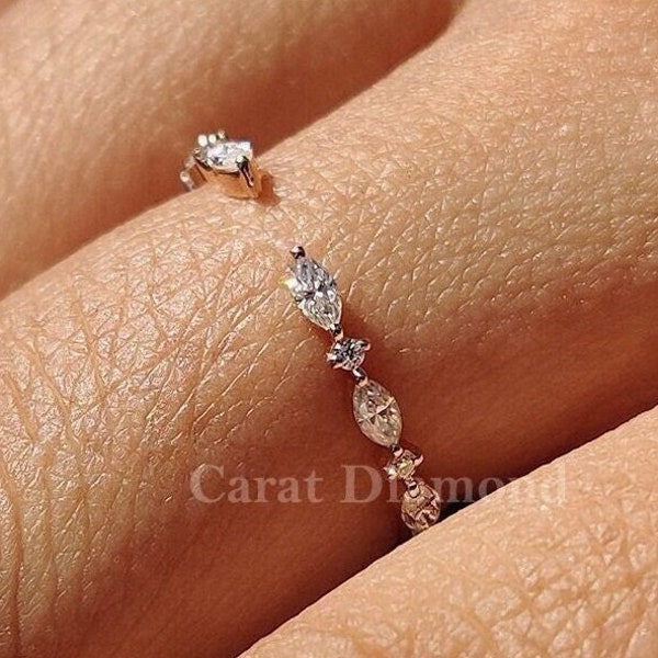 Open Gap Wedding Band Marquise and Round Moissanite Engagement Band, Half Eternity Band, Stackable Matching Minimalist Rings For Women