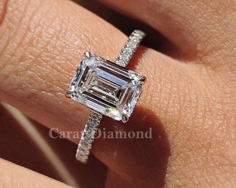 Lab Grown Emerald Cut Engagement Ring, 0.50 - 2.0 CT Emerald Diamond Wedding Ring, Hidden Halo Ring, Pave Set Ring, Diamond Ring For Women