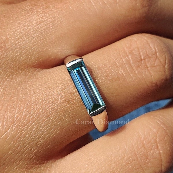 Cyan Blue Moissanite Baguette Ring: East to West Bar Set, Handmade