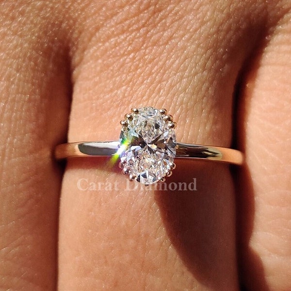 oval cut moissanite engagement rings for women, three prong solitaire lab grown diamond ring, yellow gold diamond ring