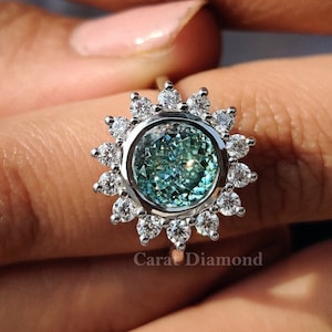 Flower Style Vintage Moissanite Ring, 2.52 TW Portuguese and Round Moissanite Halo Engagement Ring, Bezel Set Ring, Moissanite Wedding Ring