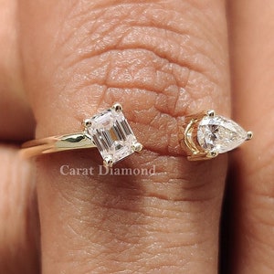 0.41 TW Emerald & Pear Colorless Two Stone Moissanite Engagement Ring, Open Gap Wedding Ring