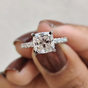 Cushion Cut Moissanite Engagement Ring: White Gold Hidden Halo, Pave Setting