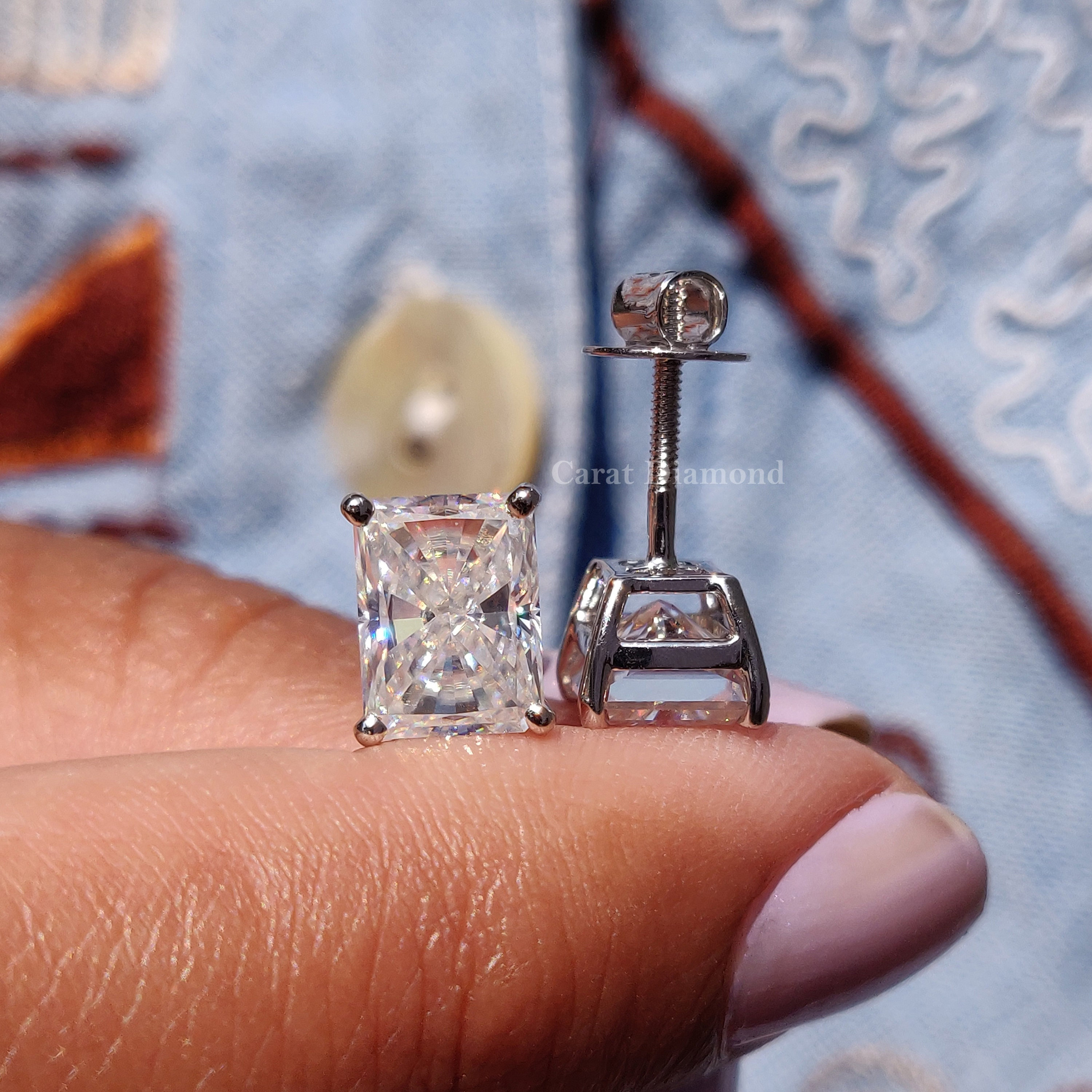 Radiant Cut Moissanite Earrings, Solitaire Stud Earrings Radiant Cut Moissanite Basket Setting Bridal Earrings