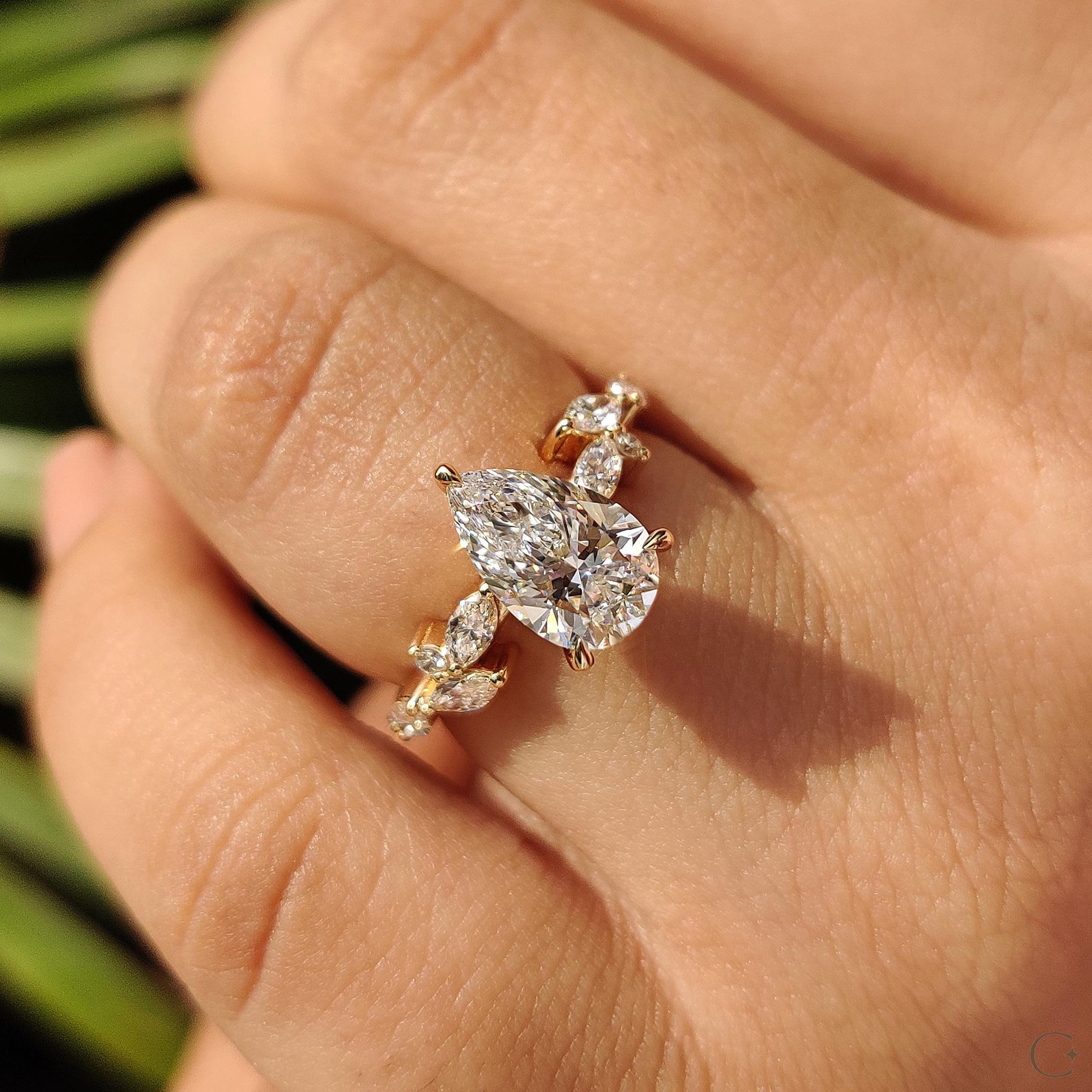 Pear Lab Grown Diamond Engagement Ring | Nature Inspired Yellow Gold ...