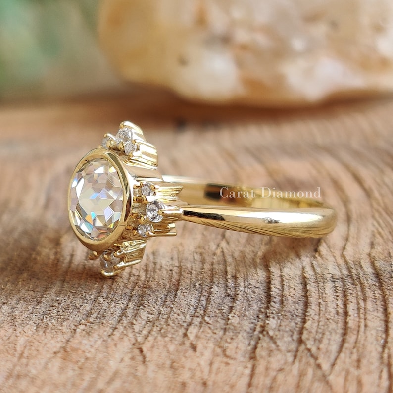 0.87TW Round Rose Cut Colorless Moissanite Ring 10K Yellow Gold Wedding Ring Anniversary Gift Bezel Set Ring Cluster Engagement Ring