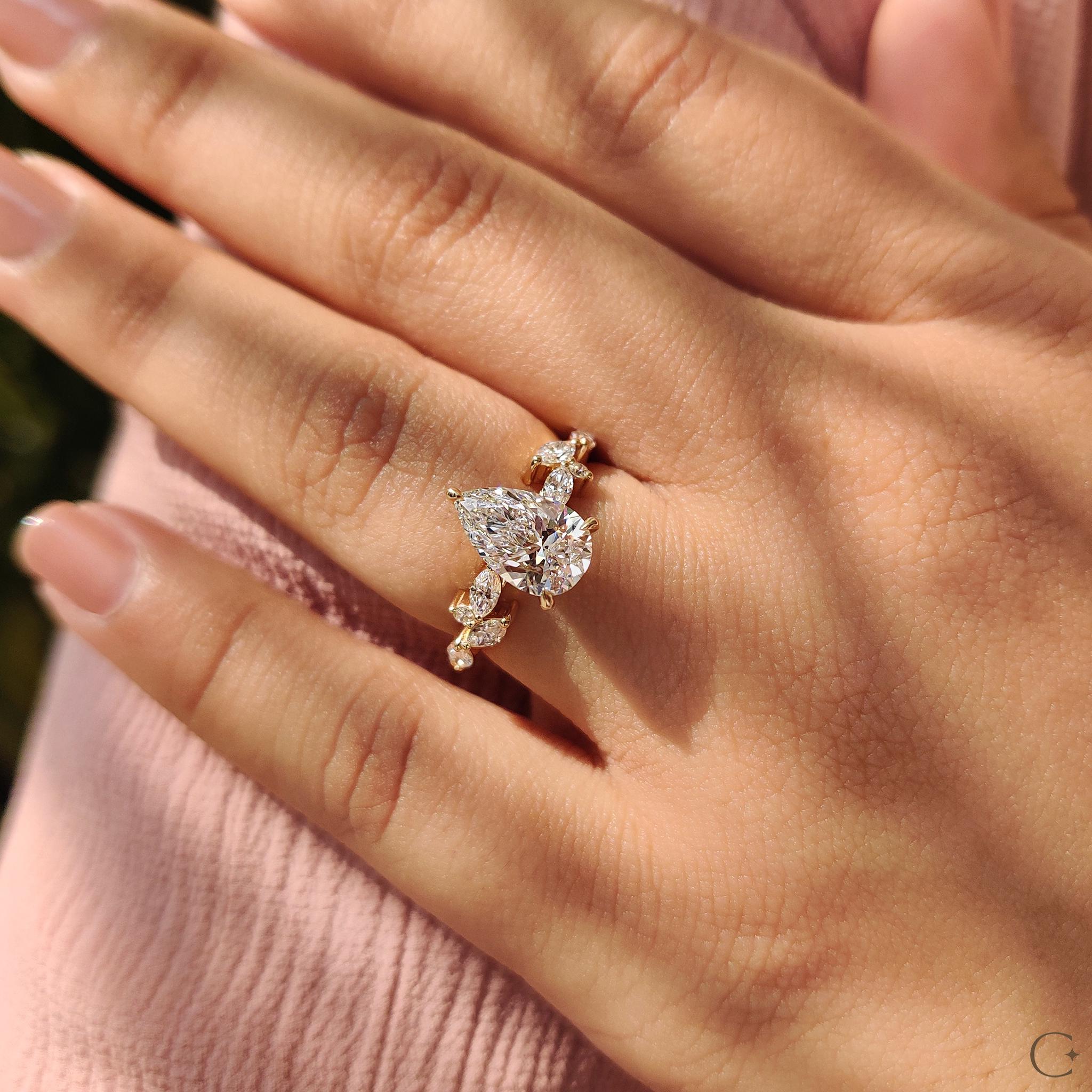 Pear Lab Grown Diamond Engagement Ring | Nature Inspired Yellow Gold ...
