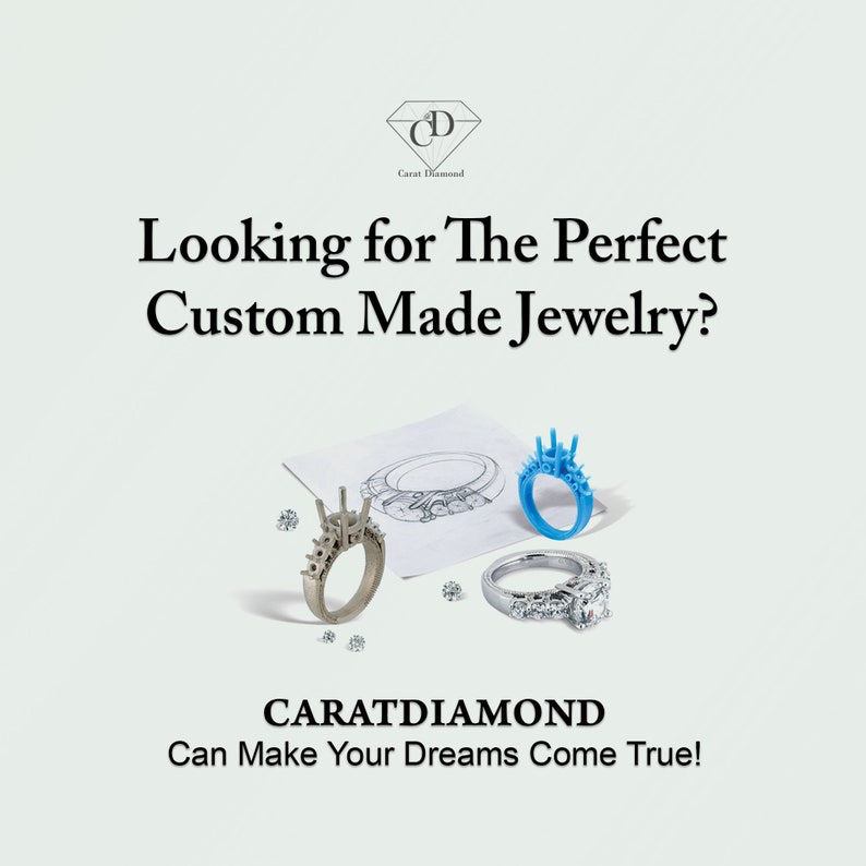 K&ouml;nnte beinhalten: Ein wei&szlig;er Hintergrund mit dem Text "Looking for The Perfect Custom Made Jewelry?" und dem Text "CARATDIAMOND Can Make Your Dreams Come True!" Das Bild zeigt auch eine Skizze eines Rings und drei 3D-gedruckte Ringe.