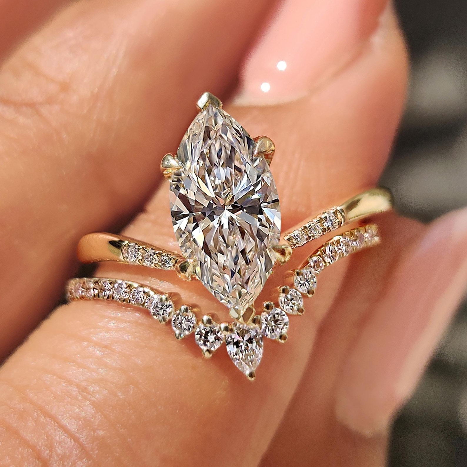 Marquise Cut Engagement Ring Set Vintage Lab Grown Diamond Wedding ...