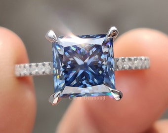 2.74 TW Electric Blue Princess Cut Moissanite Engagement Ring, Wedding Ring, Claw Prongs, Blue Moissanite Ring, Ring For Women, Gift For Her