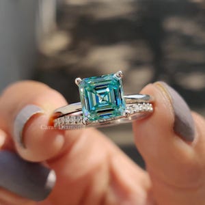 Asscher Cut Cyan Blue Moissanite Engagement Ring Set Unique Bridal Set Curved Matching Band Ring For Women Best Peoposal Ring Set