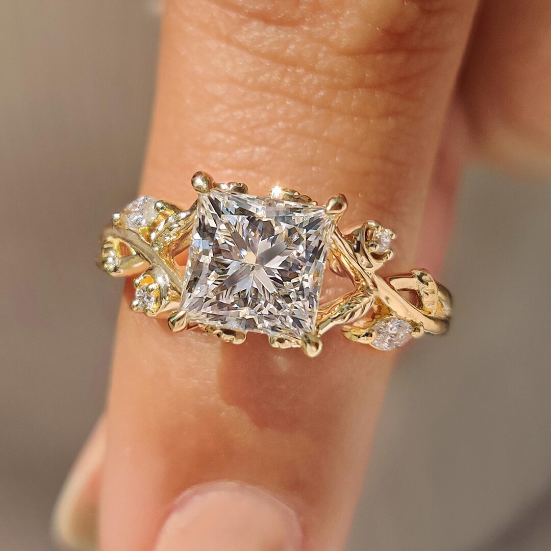 Nature Inspired Princess Cut Lab Grown Diamond Engagement Ring Vintage ...