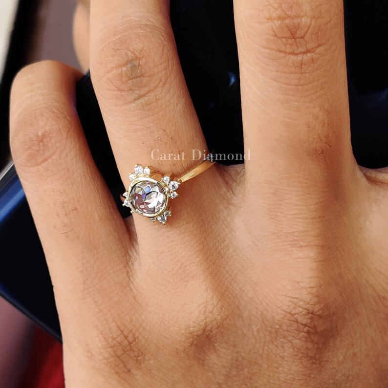 0.87TW Round Rose Cut Colorless Moissanite Ring 10K Yellow Gold Wedding Ring Anniversary Gift Bezel Set Ring Cluster Engagement Ring