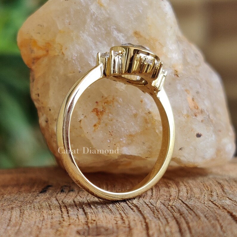 0.87TW Round Rose Cut Colorless Moissanite Ring 10K Yellow Gold Wedding Ring Anniversary Gift Bezel Set Ring Cluster Engagement Ring