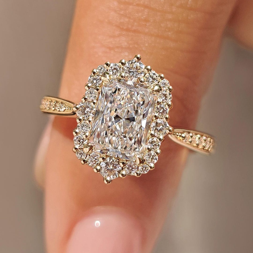 Radiant Cut Lab Grown Diamond Halo Engagement Ring Vintage Pave Wedding ...