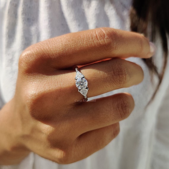 Three Stone Trillion Moissanite Engagement Ring 1.20 CT Round Colorless Wedding Ring White Gold Ring Bridal Set Ring Anniversary Gifts Etsy