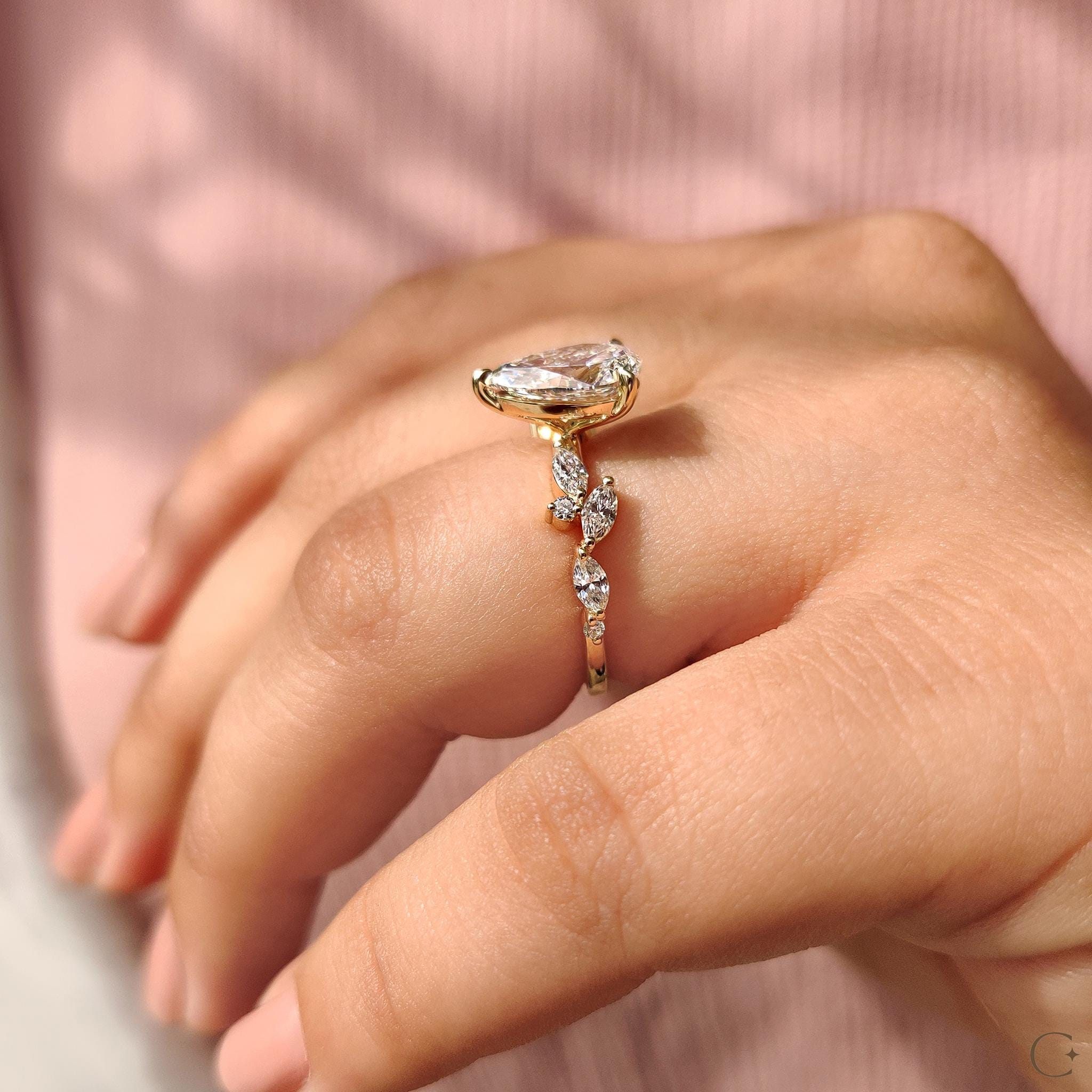 Pear Lab Grown Diamond Engagement Ring | Nature Inspired Yellow Gold ...