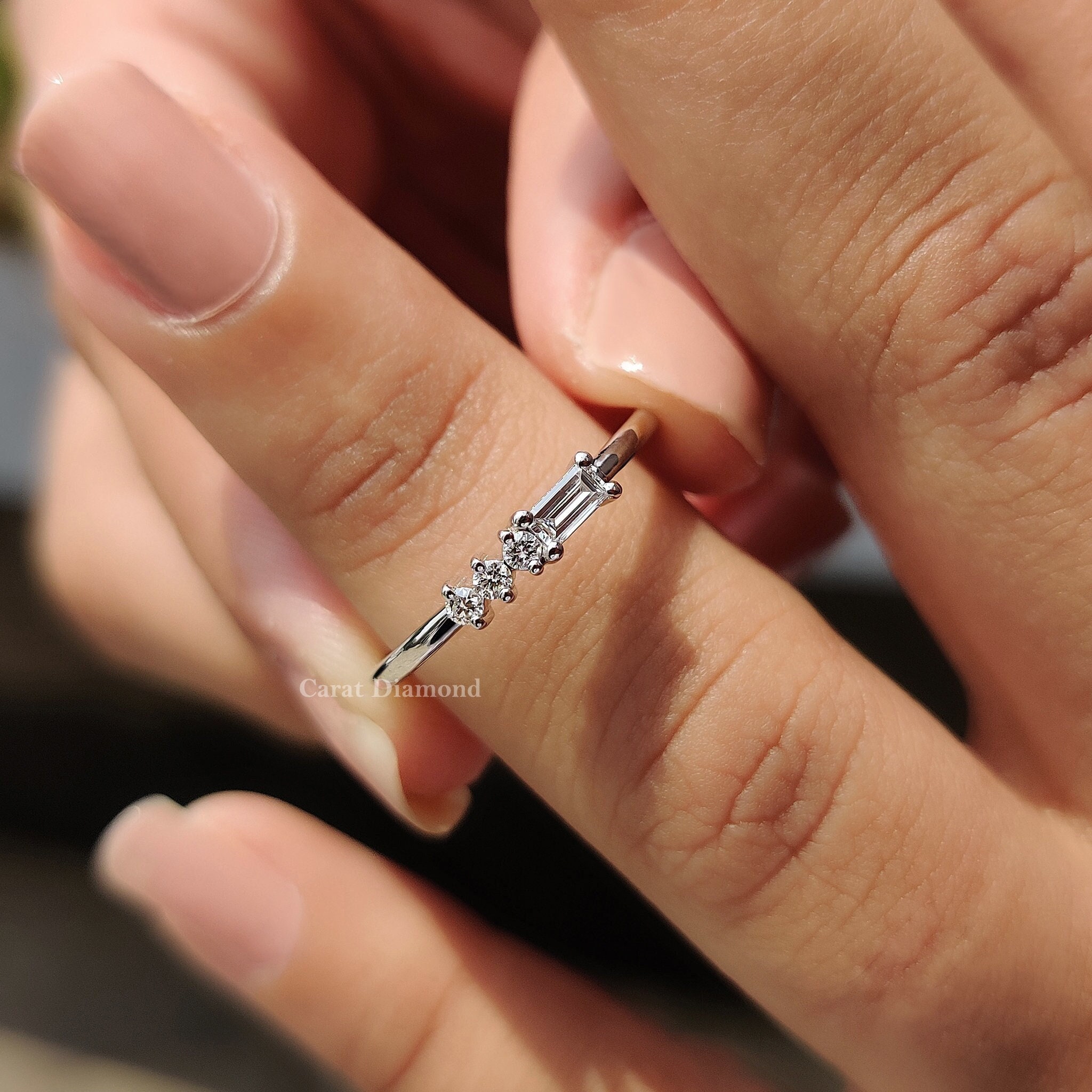 Morse Code Ring, Baguette & Round Diamond Minimalist Band, Matching Wedding Band, Dainty Ring