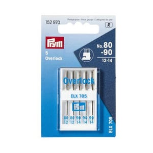 May include: A package of 5 Prym Overlock sewing machine needles, sizes 80 and 90, for use with overlock machines. The needles are in a clear plastic case with the brand name and size printed on the front.