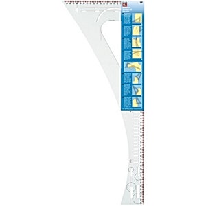 Può includere: Un modello di cucito in plastica bianca con un righello su un lato e una forma curva sull'altro. Il modello ha segni per diverse dimensioni e forme. Il modello viene utilizzato per cucire e trapuntare.