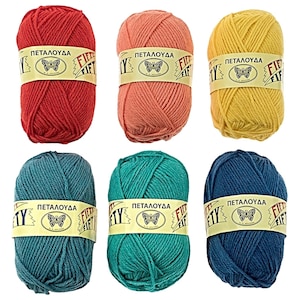 May include: Six balls of Fifty Fifty yarn in shades of red, peach, yellow, teal, green, and navy blue. Each ball is wrapped with a paper band featuring the brand name and a butterfly logo. Suitable for knitting and crochet.