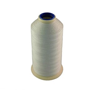 May include: A spool of white thread, tightly wound around a cylindrical core. The top of the spool is blue, with a beige ring around it. The base is also beige. The thread appears to be for sewing or crafting.