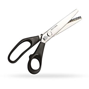 May include: A pair of black-handled scissors with stainless steel blades. The scissors have a serrated edge on one blade and the text "Made in Italy" is printed on the blade.
