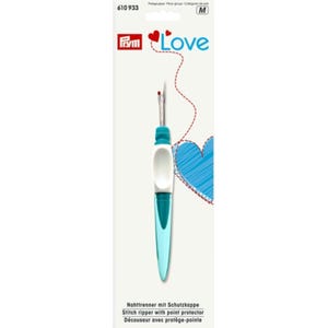May include: A blue and white stitch ripper with a protective cap. The ripper is labeled "Love" and has a heart design on the packaging.