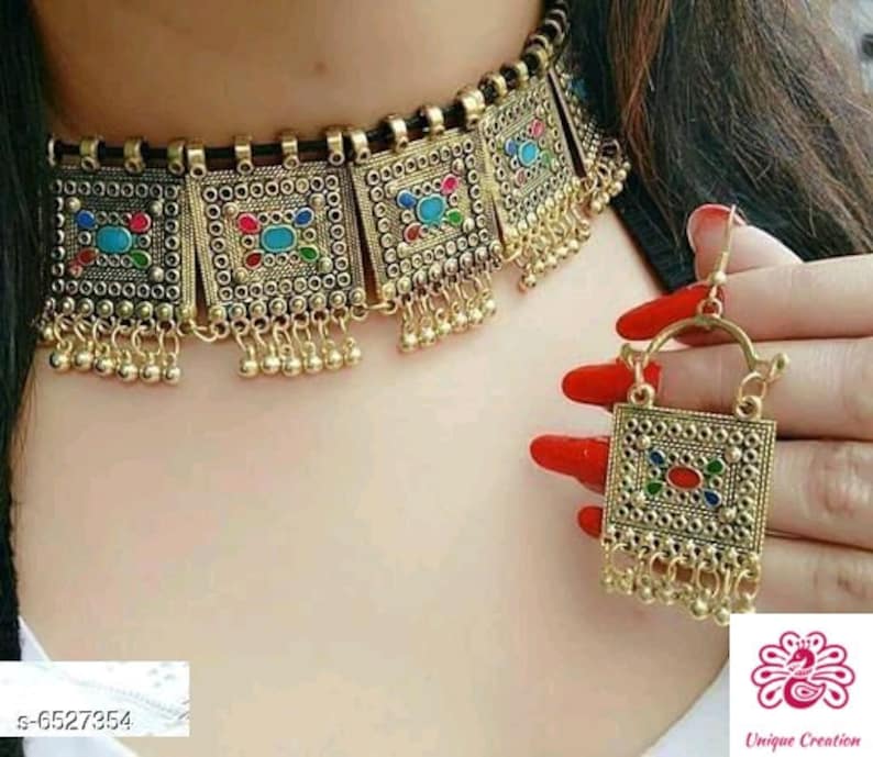 German Silver Jewelry Oxidised German Silver Indian necklace with synthetic coral Cabochon and matching earring