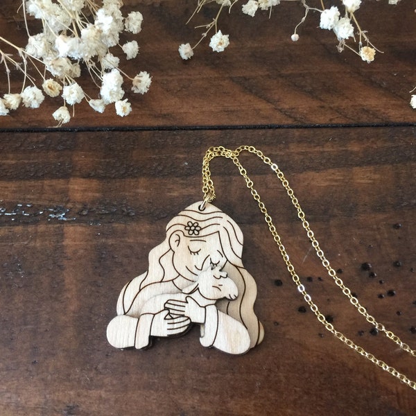 St. Agnes and Lamb Necklace | Patron Saint of Young Girls | Laser cut Layered Wood Art | Confirmation Saint Gift | Gift for Her
