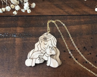 St. Agnes and Lamb Necklace | Patron Saint of Young Girls | Laser cut Layered Wood Art | Confirmation Saint Gift | Gift for Her