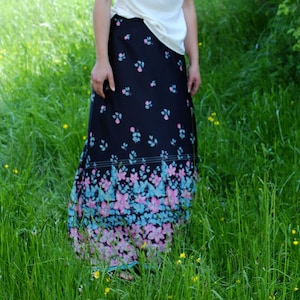 Long 60s/70s Boho Floral Skirt, Black with Blue/Pink Hippie Flower Pattern