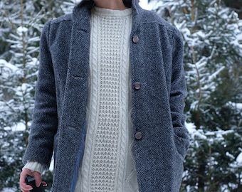 Grey Vintage Wool Tweed Herringbone Short Coat