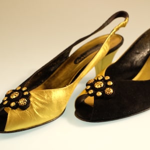 Vintage 80s Pino Bologna & Figli Jeweled Hollywood Style Black and Gold Sandals