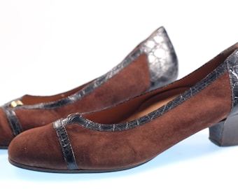 Vintage Italiaanse leren pumps – bruine en zwarte schoenen met lage hak, EU 39 / VS 8,5