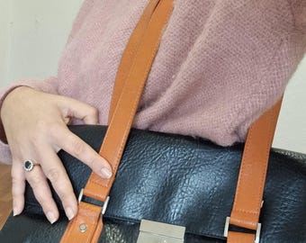 Bolso de hombro rectangular vintage negro con correas marrones