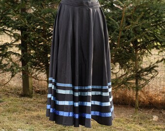 Vintage Black Slavic Folk Costume Skirt with blue ribbons