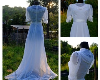 70s Boho Vintage Wedding Dress with Above Elbow Sleeve / Victorian Wedding Gown