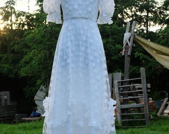 70s Vintage Boho Wedding Dress, Prairie Floral Short Sleeved Bridal Gown