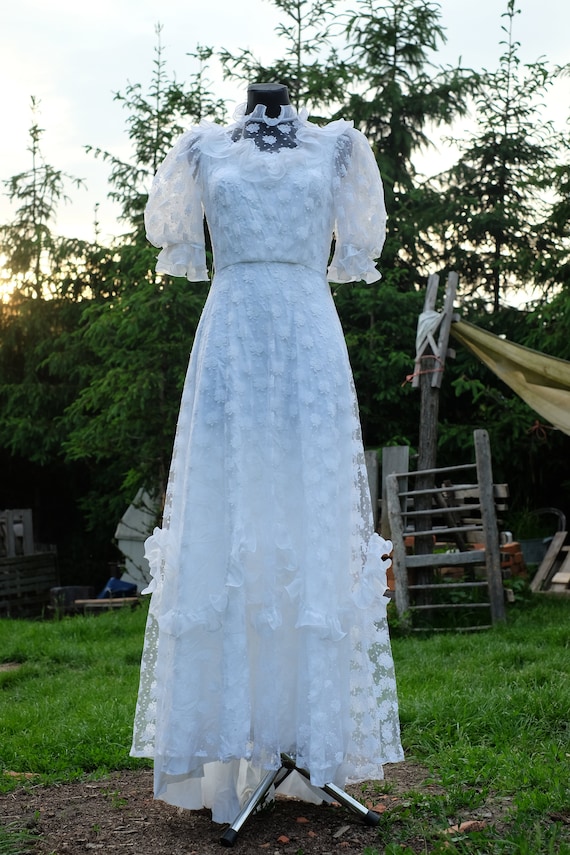 boho 70s wedding dress RESERVED 70s Vintage Boho Wedding Dress, Prairie Floral Short Sleeved Bridal  Gown