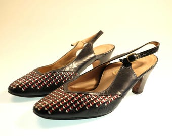 Vintage Marineblaue Leder Slingback Pumps, Vintage Sandale Schuhe mit Absätzen