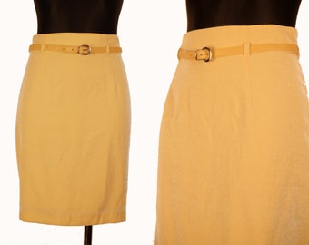 Vintage Pastel Yellow High Waisted Mini Pencil Skirt Size L EU42