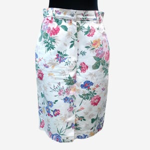 Vintage Floral Cream Denim Midi Pencil Skirt, EU38