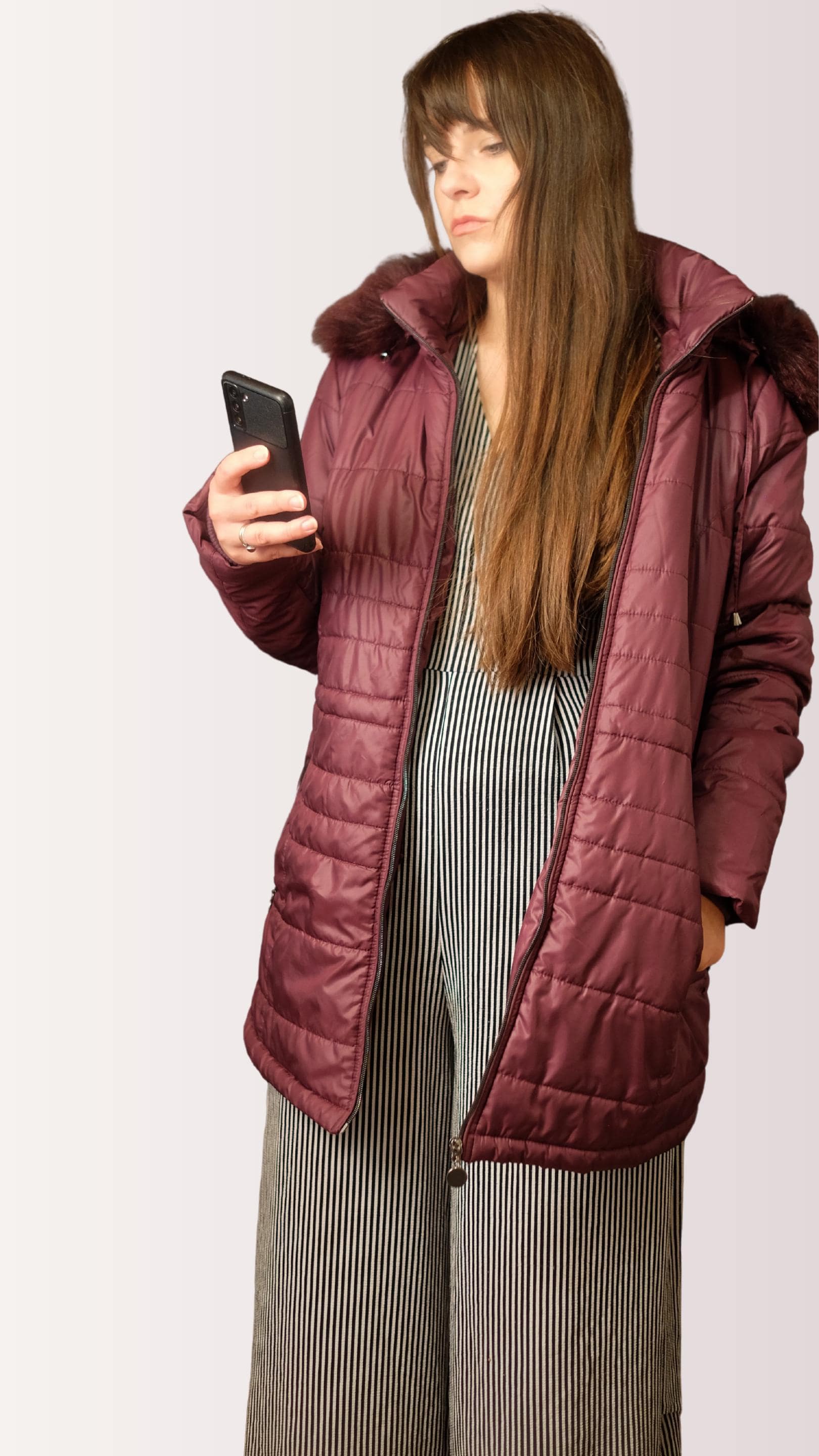 ヴィンテージ ボルドー ロング キルティング パファー ジャケット