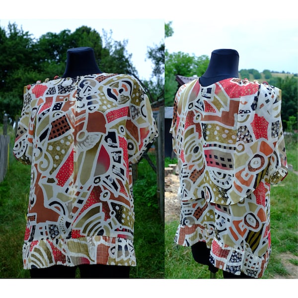 90s Vintage Abstract Geometrical Print Short Sleeve Zip Buttons Blouse