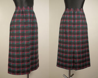 Vintage Plaid Pencil Skirt in Black Red Green Size M/L EU38/40 with Pockets