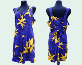 Vintage Dark Blue Yellow Floral Button Up Mini Dress
